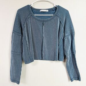 Altar'd State Blue Textured Cropped Long Sleeve Blouse Street Wear Size Medium